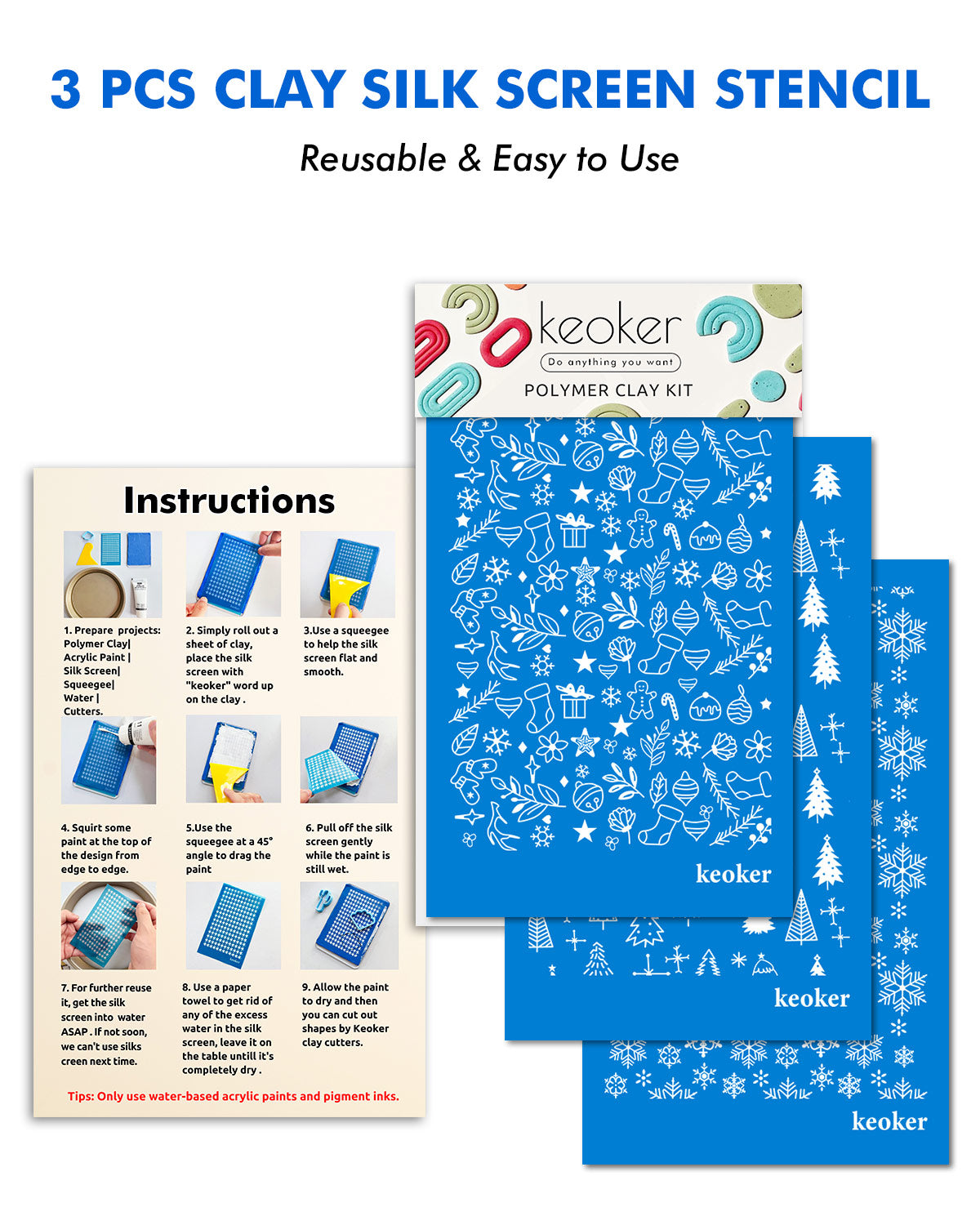 KEOKER Christmas Silk Screen for Polymer Clay(3PCS)