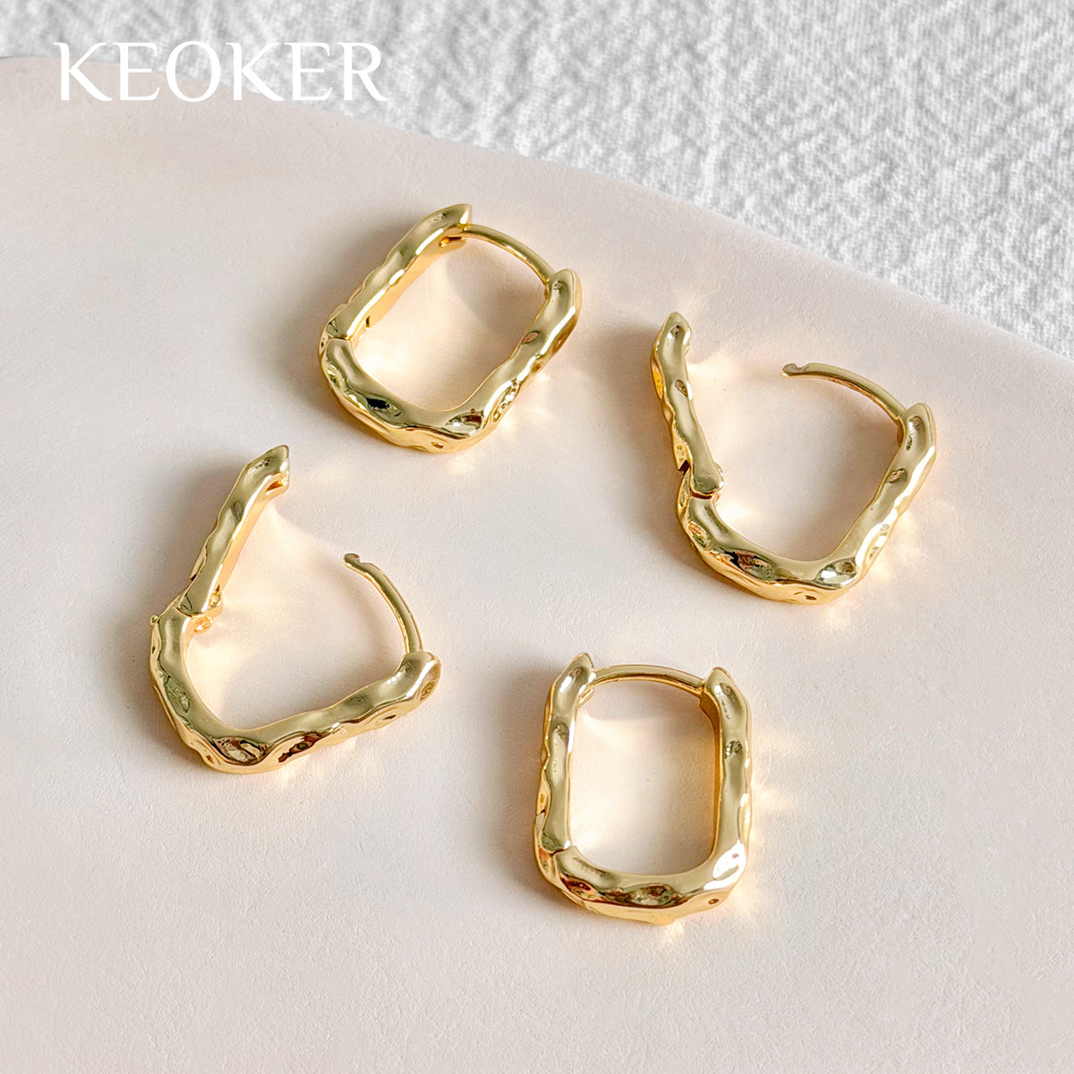 KEOKER 14K Gold Filled Square Hammered Huggie Hoop Earrings (4PCS)