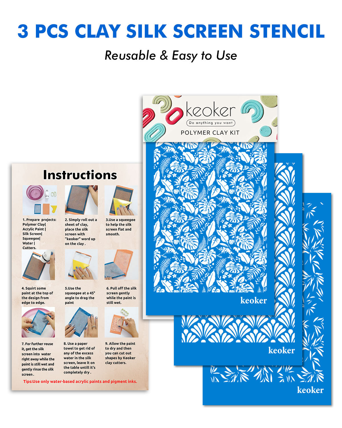 3Pcs Polymer Clay Tool Silk Screen Stencils, Reusable Silkscreen Print,  Printing Style C 